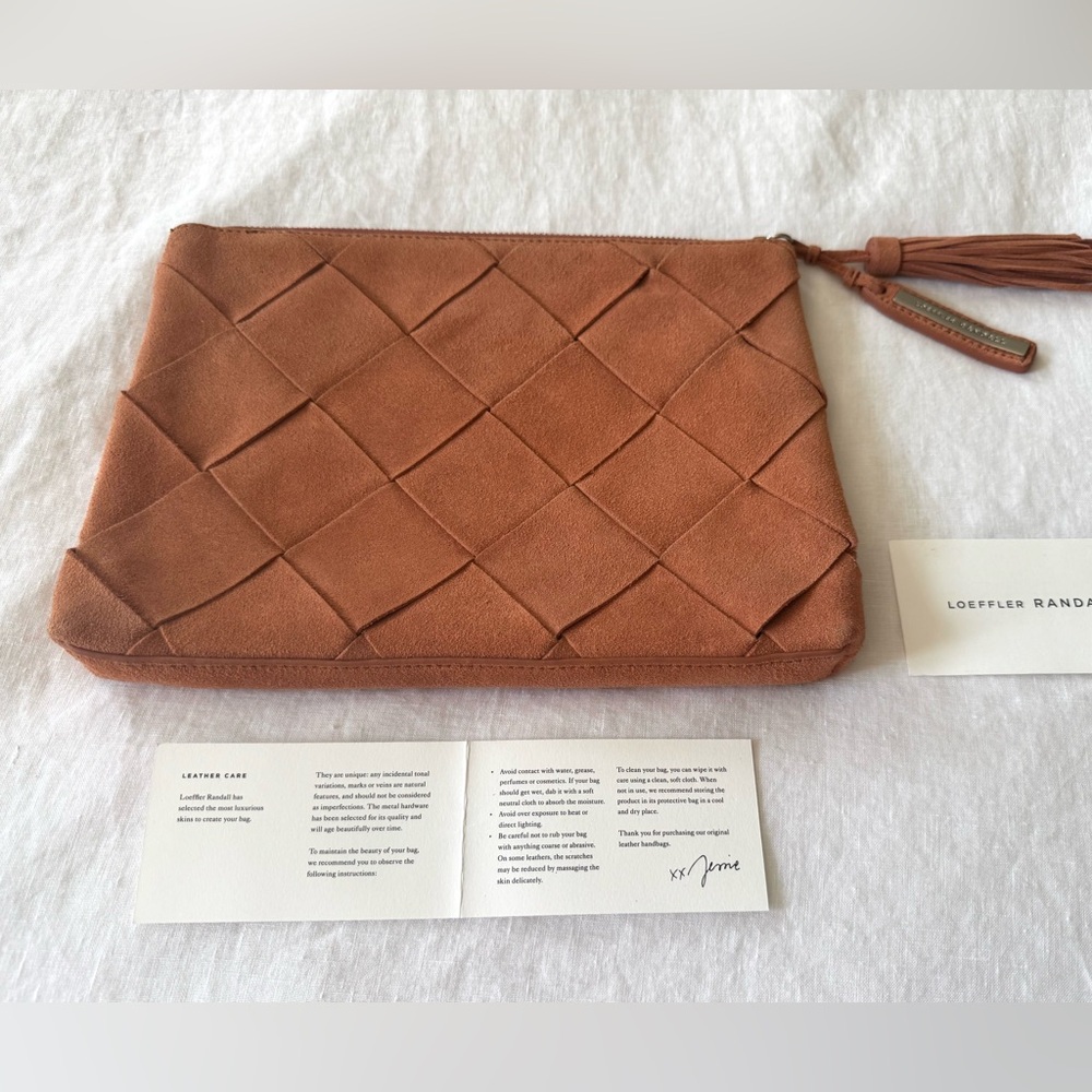 Loeffler Randall Suede Clutch - Warm Camel Tan Intrecciato, Excellent Condition